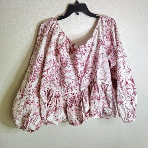 Express Printed Off Shoulder Twist Front Peplum Top Puffy Sleeves Sz Xl - Picture 6 of 8